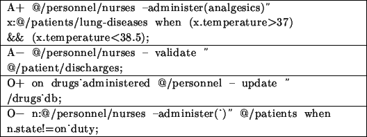 \begin{table}
\centering\ttfamily\begin{tabularx}{.95\textwidth}{\vert X\vert}
\...
...ients when n.state!=on\_duty;
\\ \hline
\par\end{tabularx}\normalfont\end{table}